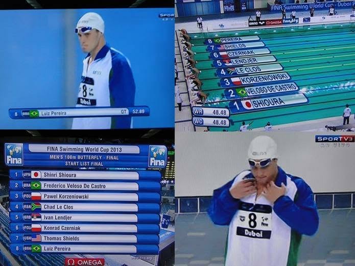Transmissão da FINA Swimming World Cup 2013, em Dubai, com Luiz Pereira na chamada dos 100 m borboleta